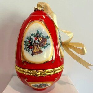 Red Holly Bell Musical "Joy to the World" Egg Ornament Gift Box